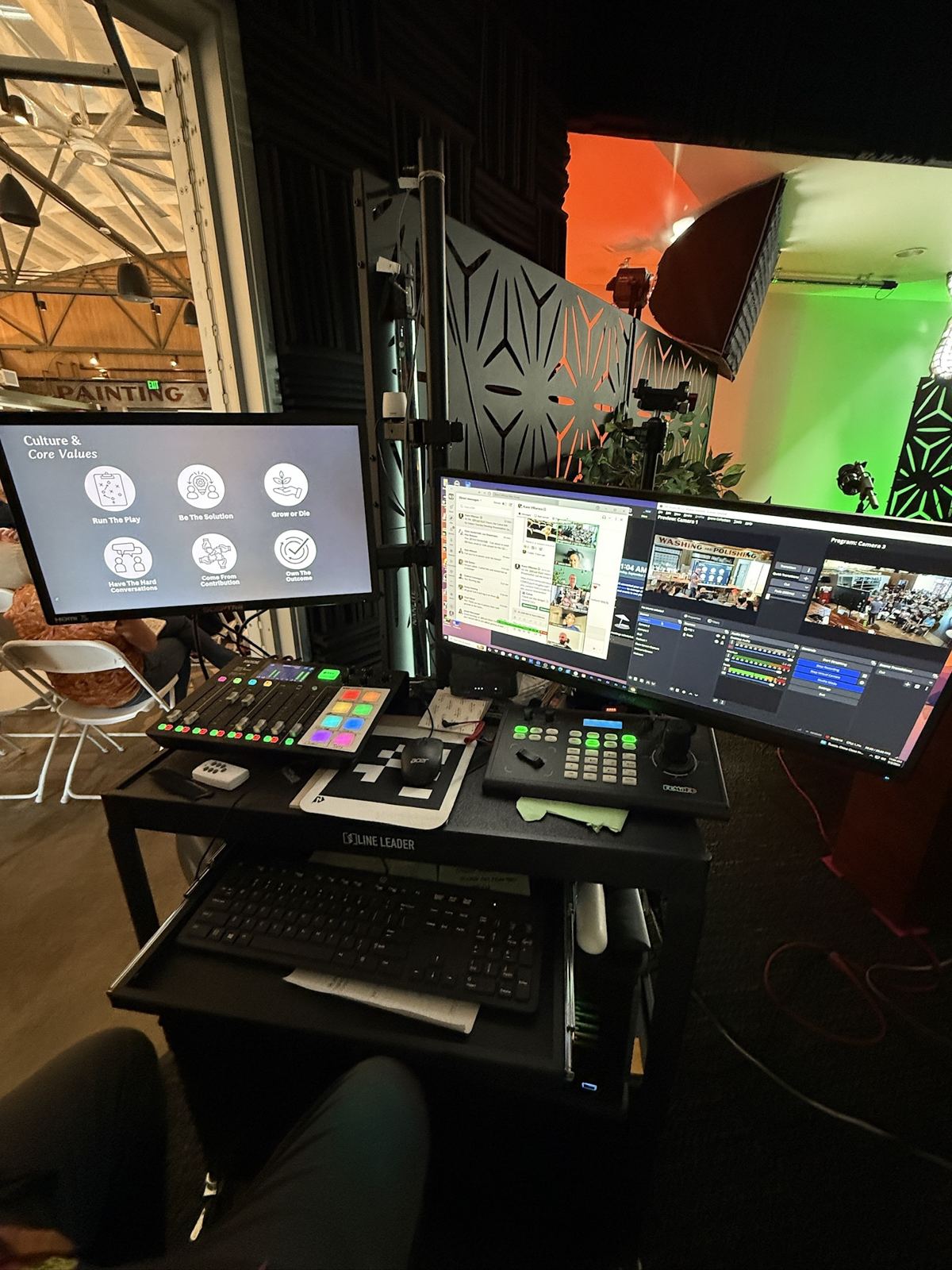 Production desk with monitors and a switcher